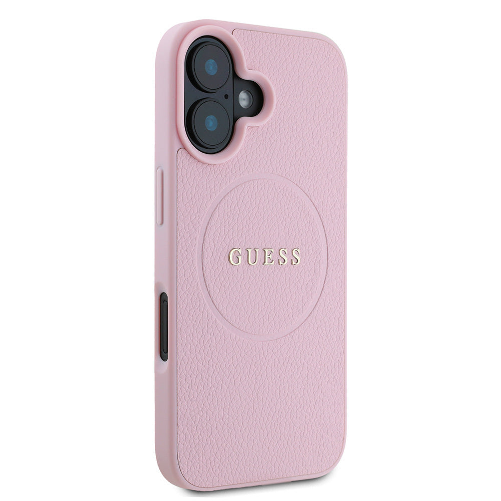 Apple iPhone 16 Case Guess Original Licensed M-safe Charging Feature Grained Cover Pink with Text Logo