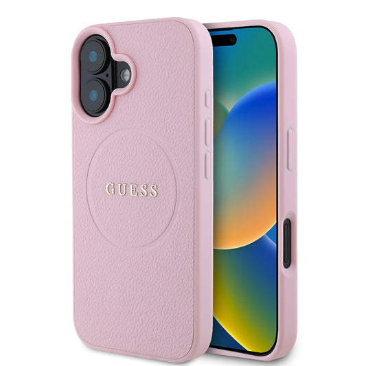 Apple iPhone 16 Case Guess Original Licensed M-safe Charging Feature Grained Cover Pink with Text Logo