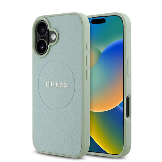 Apple iPhone 16 Case Guess Original Licensed M-safe Charging Feature Grained Cover Green with Text Logo