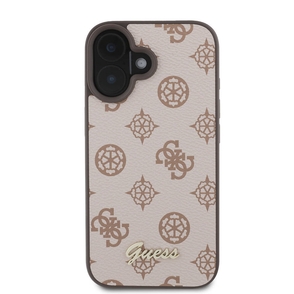 Apple iPhone 16 Case Guess Original Licensed M-safe Charging Featured Peony Cover Brown with Text Logo