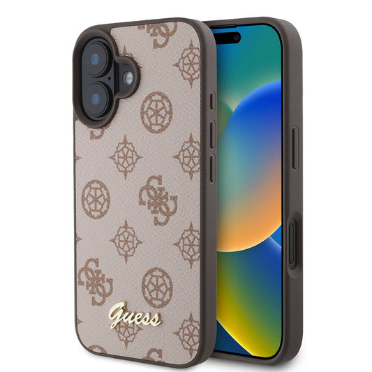 Apple iPhone 16 Case Guess Original Licensed M-safe Charging Featured Peony Cover Brown with Text Logo
