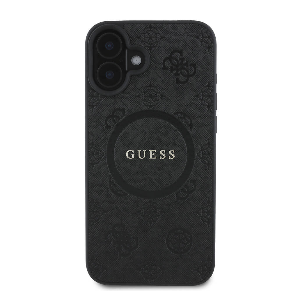 Apple iPhone 16 Case Guess Original Licensed M-safe Charging Feature Text Logo Saffiano Peony Cover Black