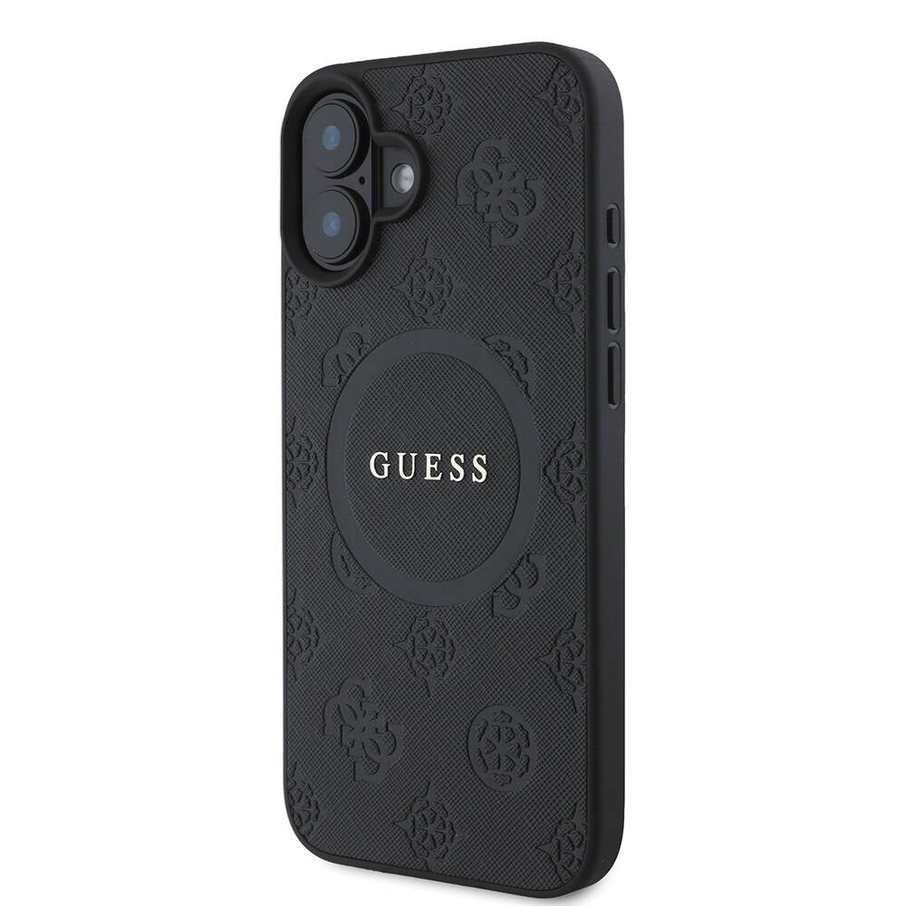 Apple iPhone 16 Case Guess Original Licensed M-safe Charging Feature Text Logo Saffiano Peony Cover Black