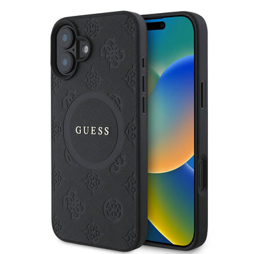 Apple iPhone 16 Case Guess Original Licensed M-safe Charging Feature Text Logo Saffiano Peony Cover Black