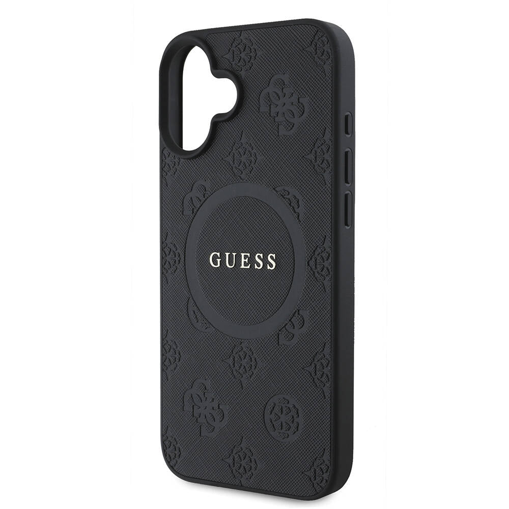 Apple iPhone 16 Case Guess Original Licensed M-safe Charging Feature Text Logo Saffiano Peony Cover Black