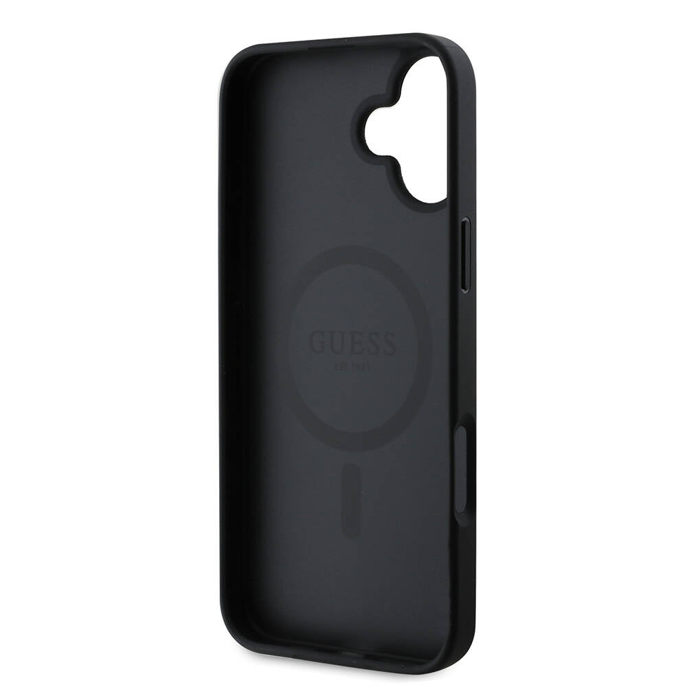 Apple iPhone 16 Case Guess Original Licensed M-safe Charging Feature Text Logo Saffiano Peony Cover Black