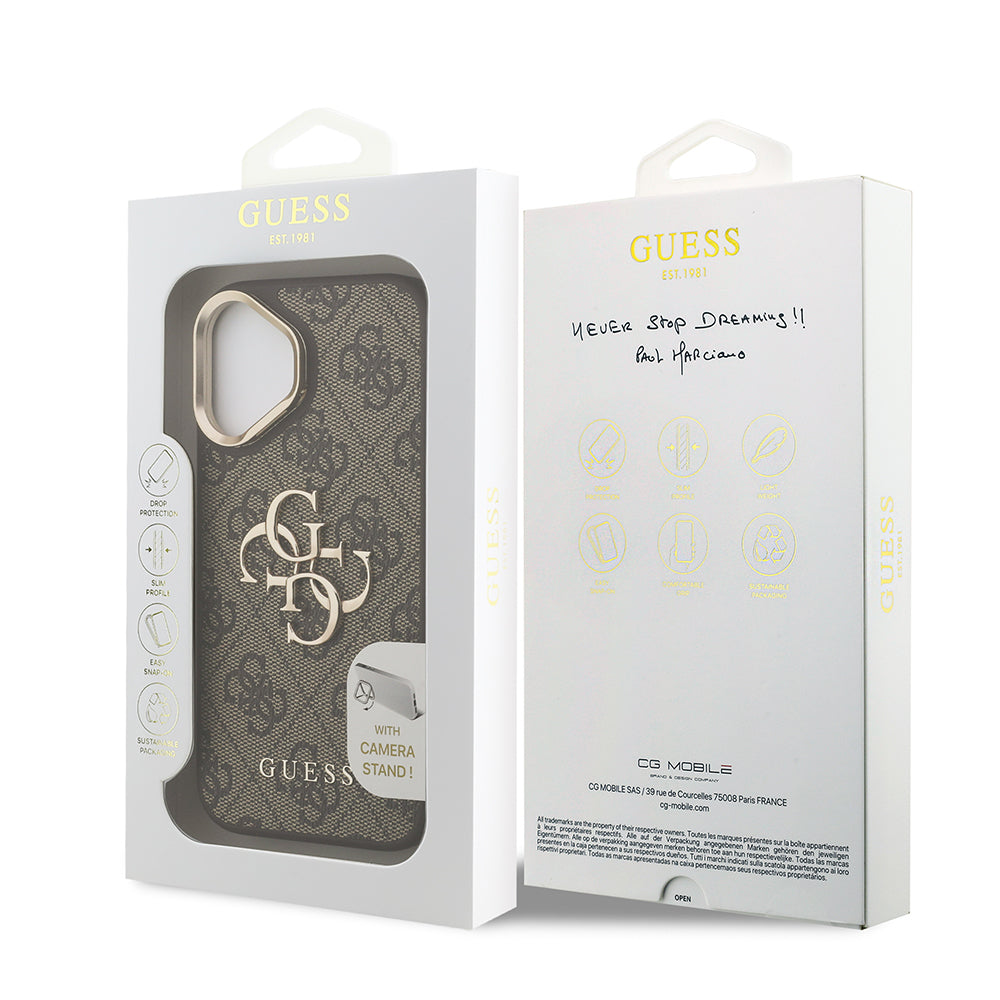 Apple iPhone 16 Kılıf Guess Orjinal Lisanslı PU Deri 4G Desenli Metal Büyük 4G ve Yazı Logolu Kamera Standlı Kapak Pembe