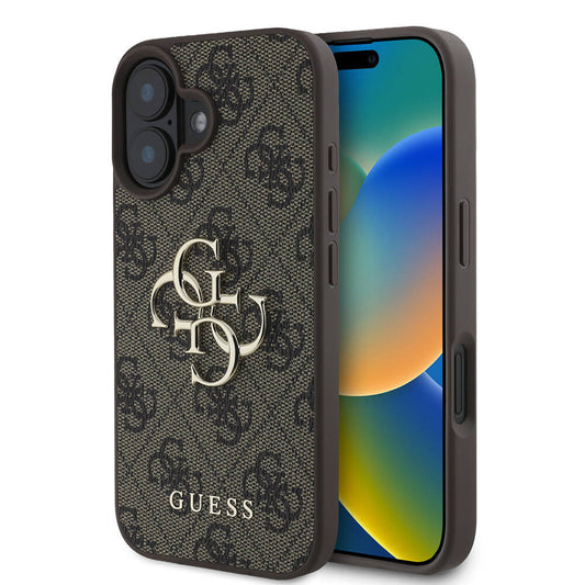 Apple iPhone 16 Case Guess Original Licensed PU Leather 4G Patterned Metal Large 4G and Text Logo Cover Brown