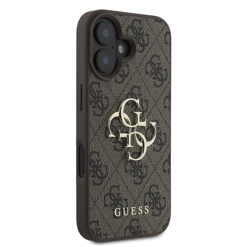 Apple iPhone 16 Case Guess Original Licensed PU Leather 4G Patterned Metal Large 4G and Text Logo Cover Brown