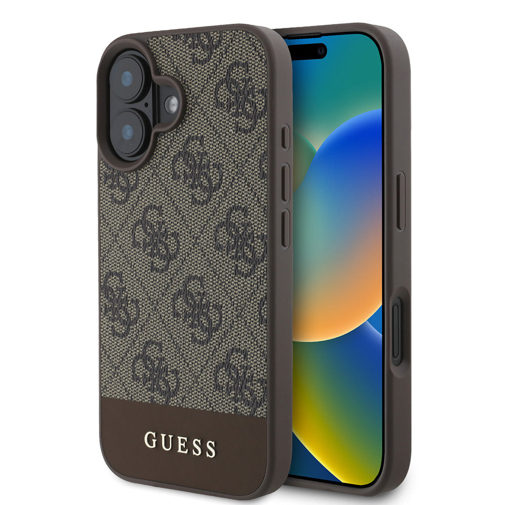 Apple iPhone 16 Case Guess Original Licensed PU Leather Stripe Logo Design Cover Brown