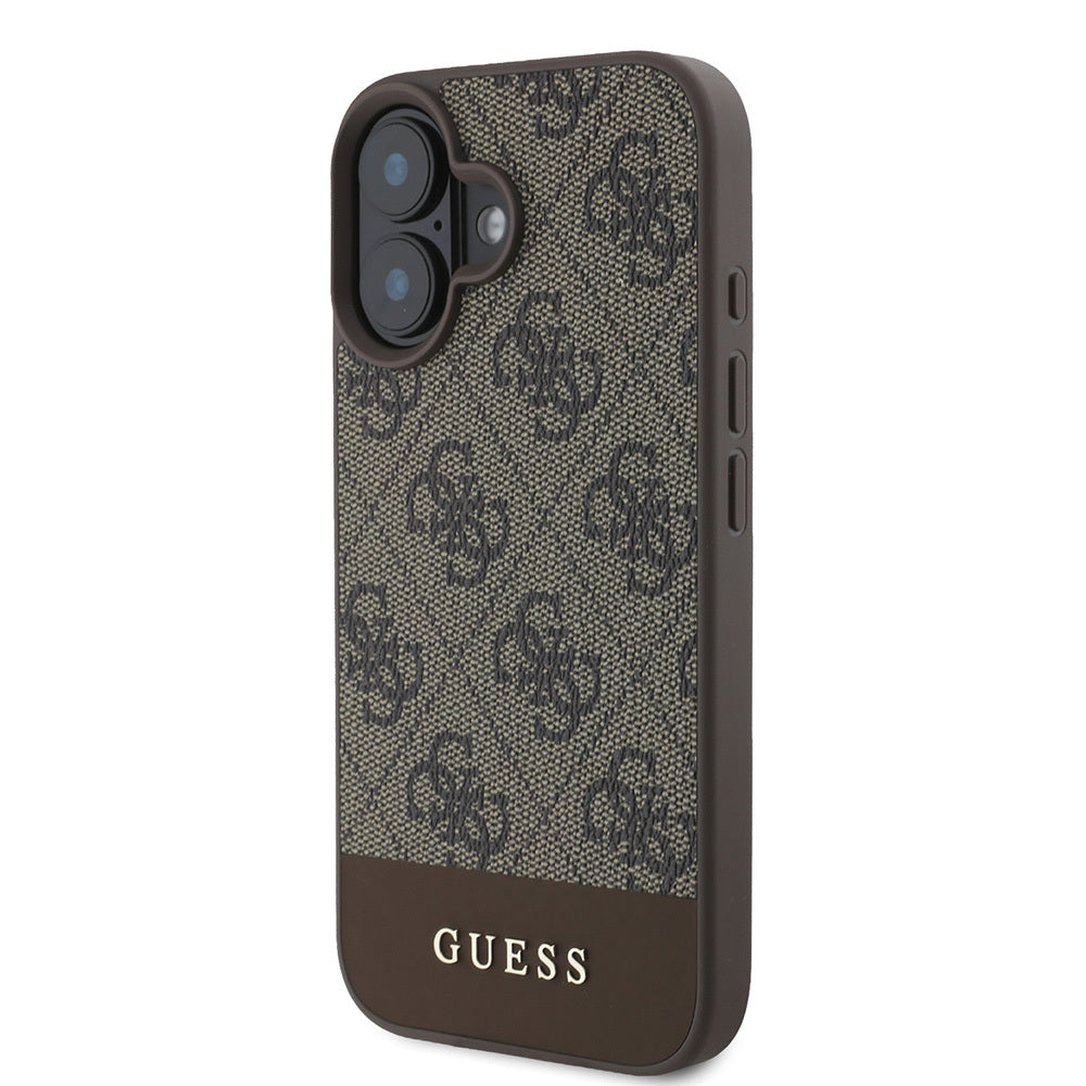 Apple iPhone 16 Case Guess Original Licensed PU Leather Stripe Logo Design Cover Brown