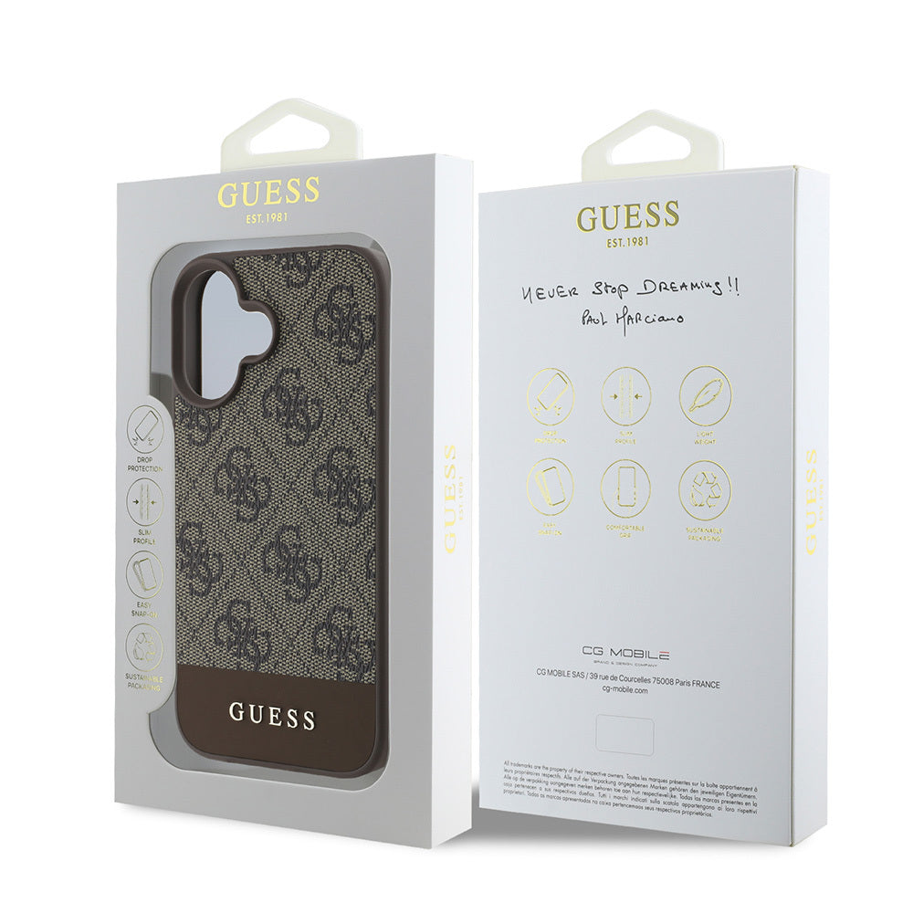 Apple iPhone 16 Case Guess Original Licensed PU Leather Stripe Logo Design Cover Brown