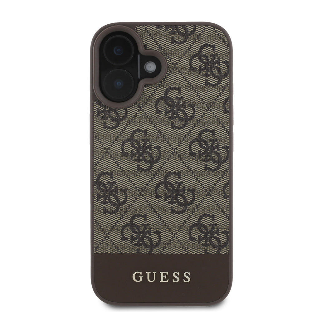 Apple iPhone 16 Case Guess Original Licensed PU Leather Stripe Logo Design Cover Brown