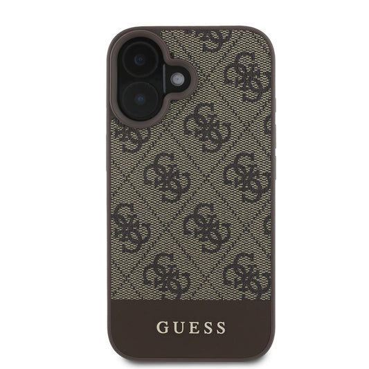 Apple iPhone 16 Case Guess Original Licensed PU Leather Stripe Logo Design Cover Brown