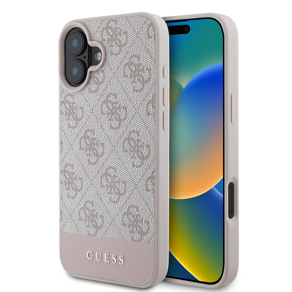 Apple iPhone 16 Case Guess Original Licensed PU Leather Stripe Logo Design Cover Pink