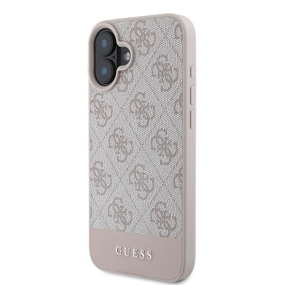 Apple iPhone 16 Case Guess Original Licensed PU Leather Stripe Logo Design Cover Pink