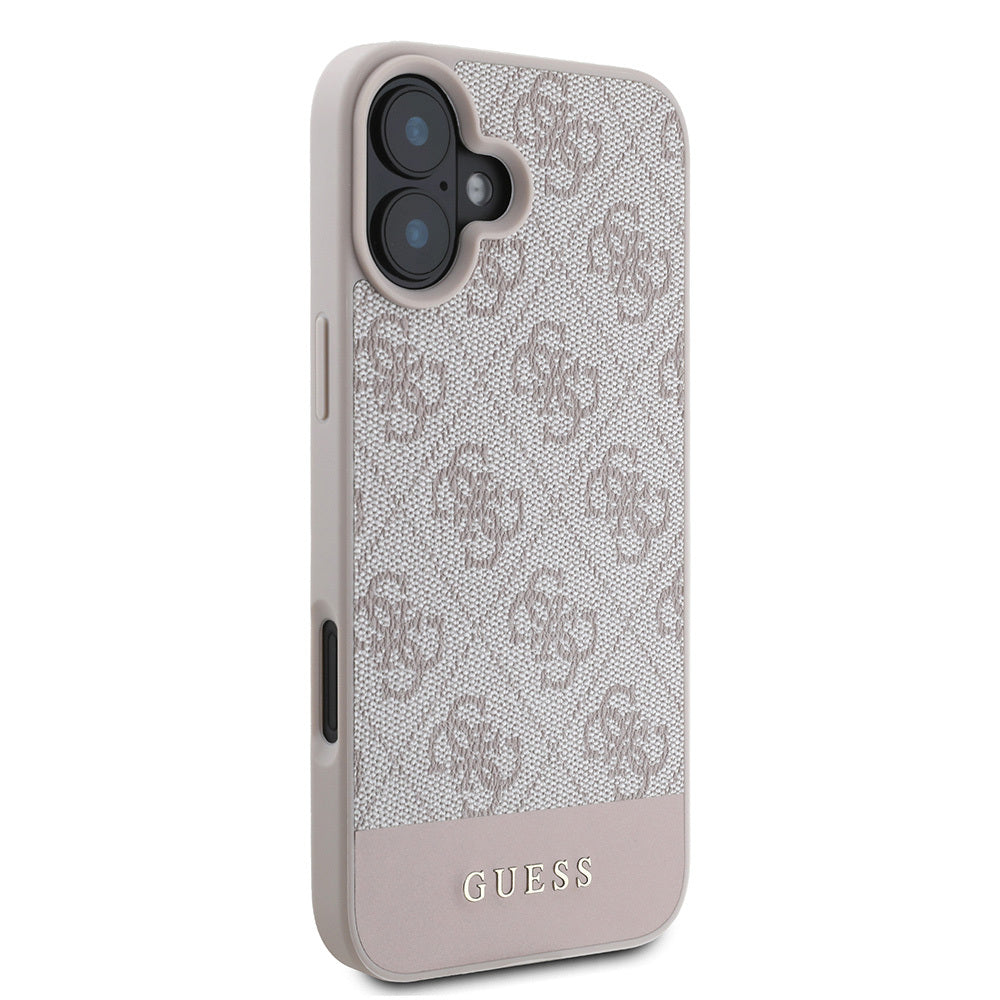 Apple iPhone 16 Case Guess Original Licensed PU Leather Stripe Logo Design Cover Pink