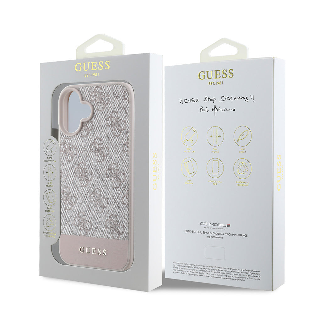 Apple iPhone 16 Case Guess Original Licensed PU Leather Stripe Logo Design Cover Pink