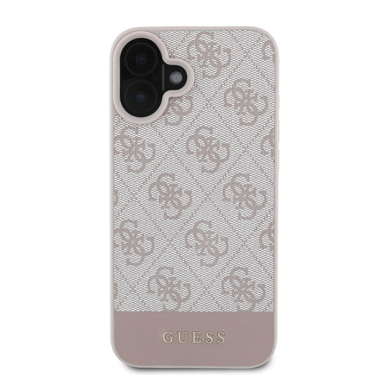 Apple iPhone 16 Case Guess Original Licensed PU Leather Stripe Logo Design Cover Pink