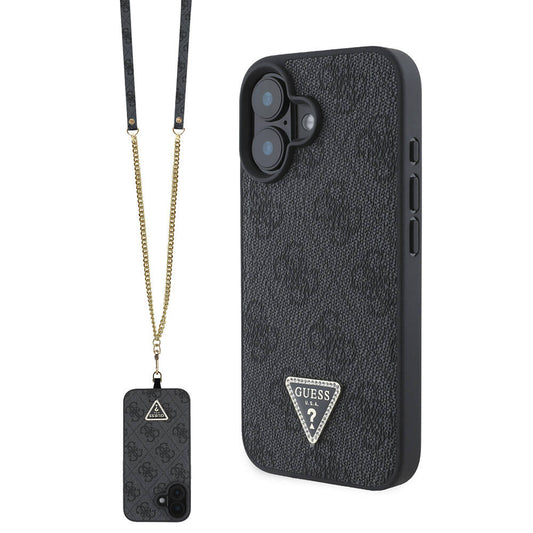 Apple iPhone 16 Case Guess Original Licensed PU Leather Stone Metal Triangle Logo Crossbody Strap 4G Patterned Cover Black