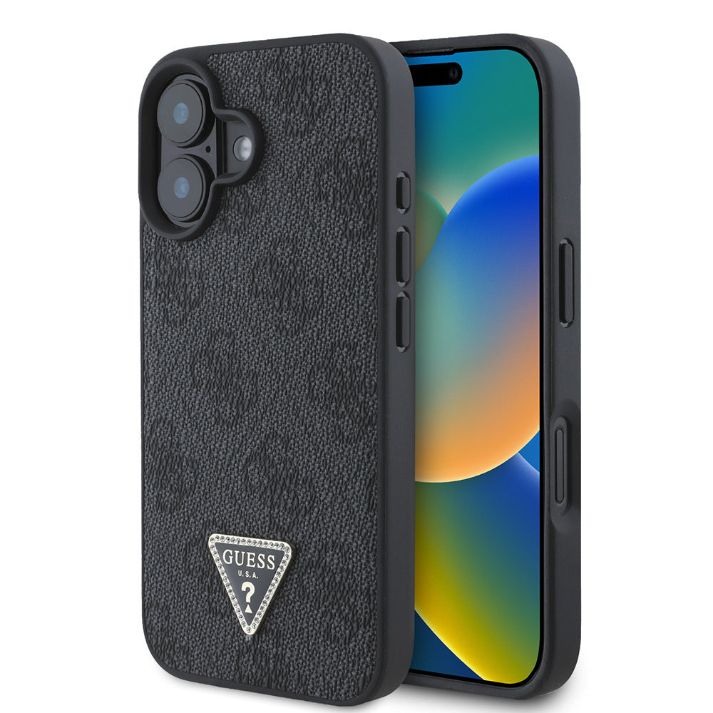 Apple iPhone 16 Case Guess Original Licensed PU Leather Stone Triangle Logo 4G Patterned Strass Cover Brown