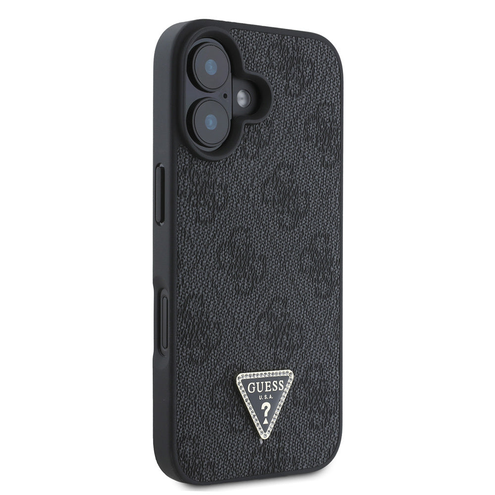 Apple iPhone 16 Case Guess Original Licensed PU Leather Stone Triangle Logo 4G Patterned Strass Cover Pink