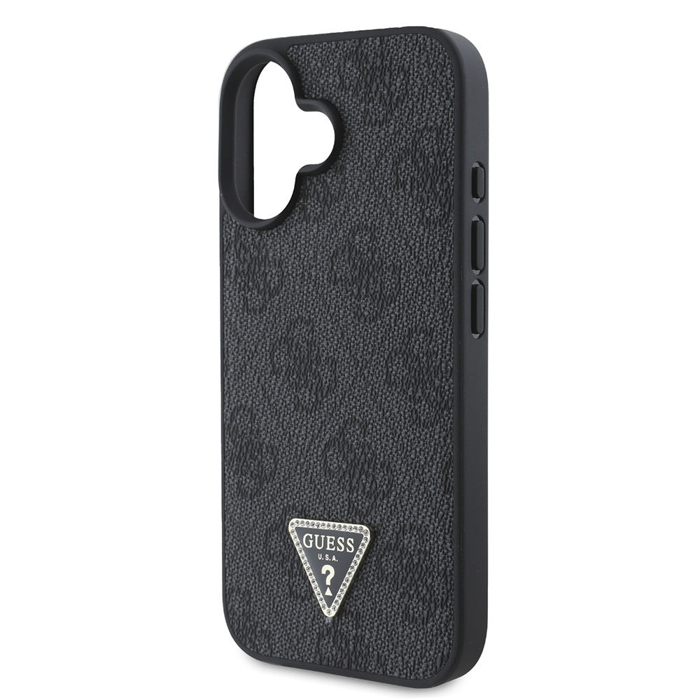 Apple iPhone 16 Case Guess Original Licensed PU Leather Stone Triangle Logo 4G Patterned Strass Cover Pink