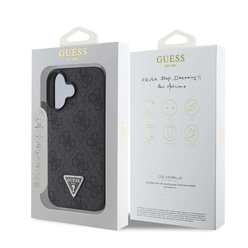 Apple iPhone 16 Case Guess Original Licensed PU Leather Stone Triangle Logo 4G Patterned Strass Cover Black
