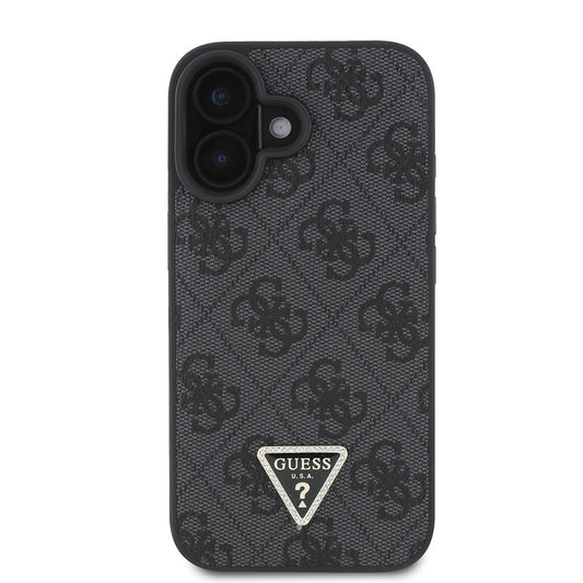 Apple iPhone 16 Case Guess Original Licensed PU Leather Stone Triangle Logo 4G Patterned Strass Cover Black