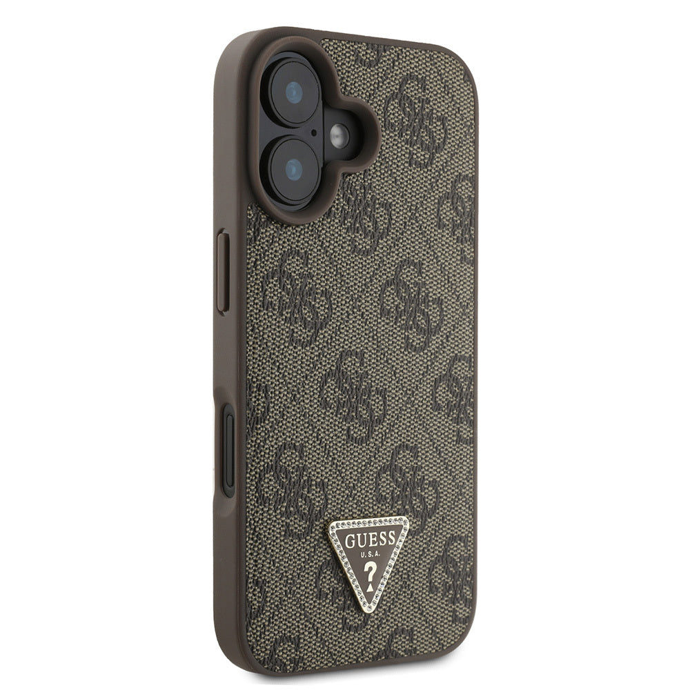 Apple iPhone 16 Case Guess Original Licensed PU Leather Stone Triangle Logo 4G Patterned Strass Cover Pink