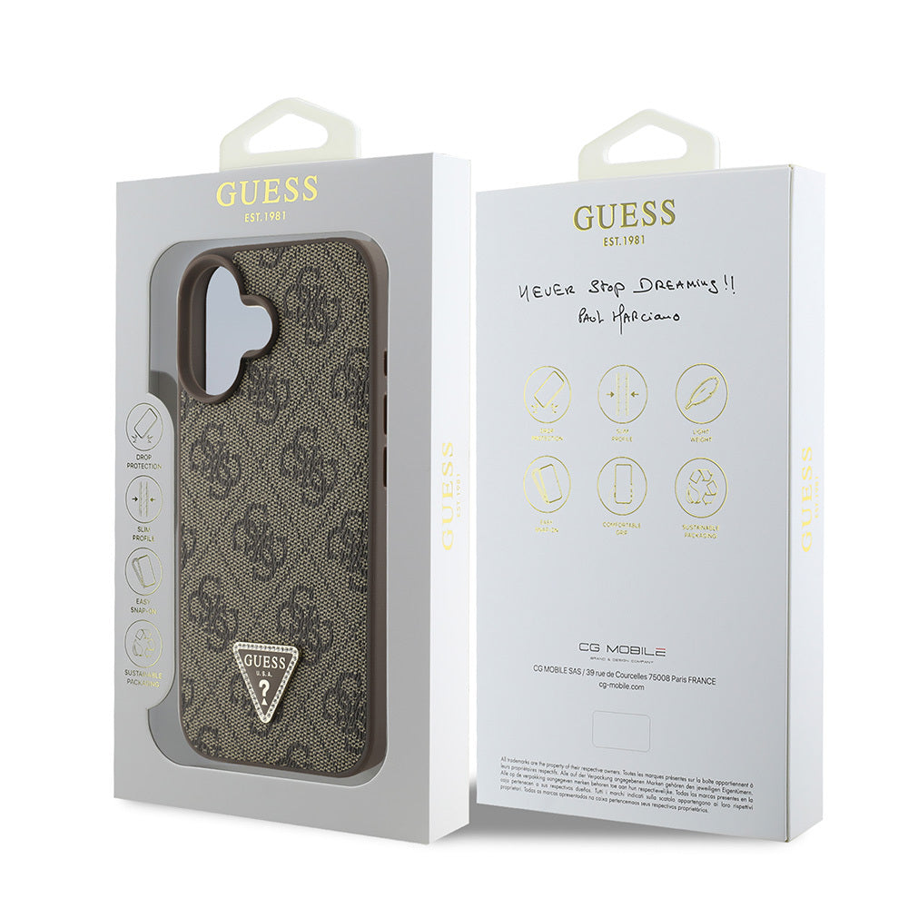 Apple iPhone 16 Case Guess Original Licensed PU Leather Stone Triangle Logo 4G Patterned Strass Cover Pink