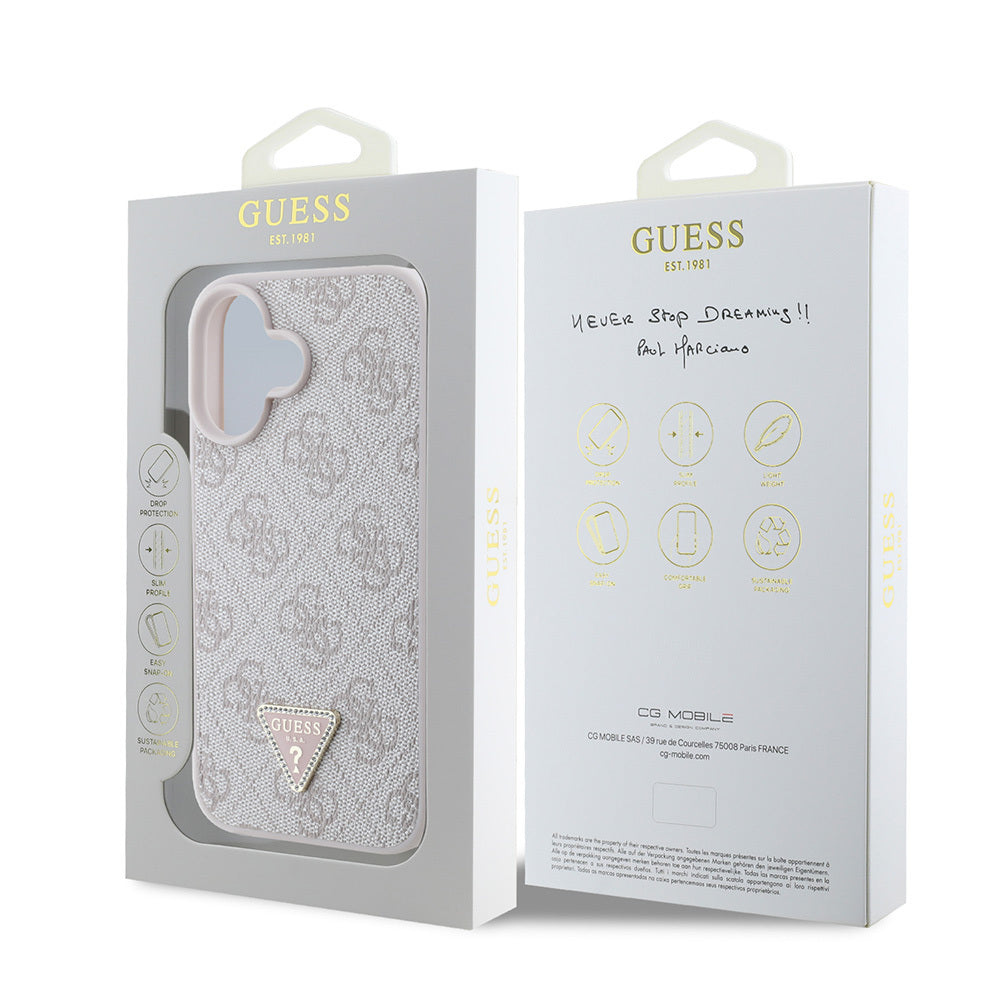 Apple iPhone 16 Case Guess Original Licensed PU Leather Stone Triangle Logo 4G Patterned Strass Cover Pink