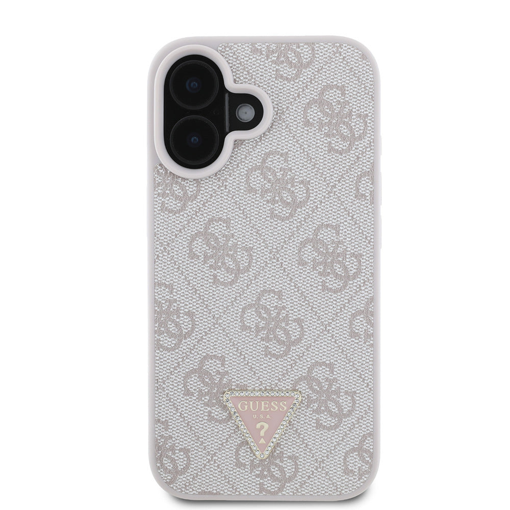 Apple iPhone 16 Case Guess Original Licensed PU Leather Stone Triangle Logo 4G Patterned Strass Cover Pink