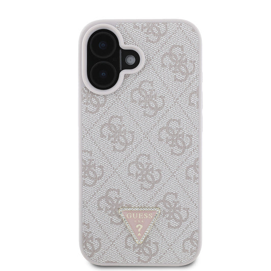 Apple iPhone 16 Case Guess Original Licensed PU Leather Stone Triangle Logo 4G Patterned Strass Cover Pink