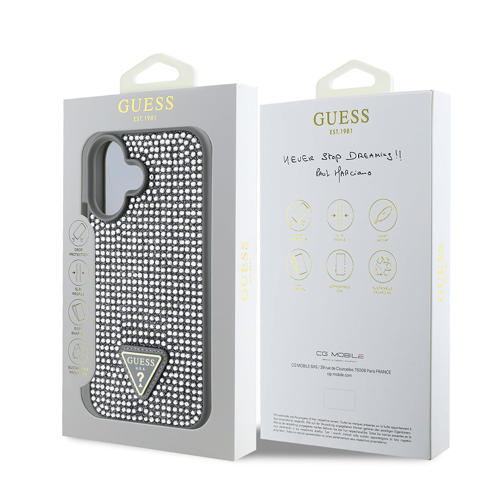 Apple iPhone 16 Case Guess Original Licensed Stone Back Surface Triangle Logo Cover Silver