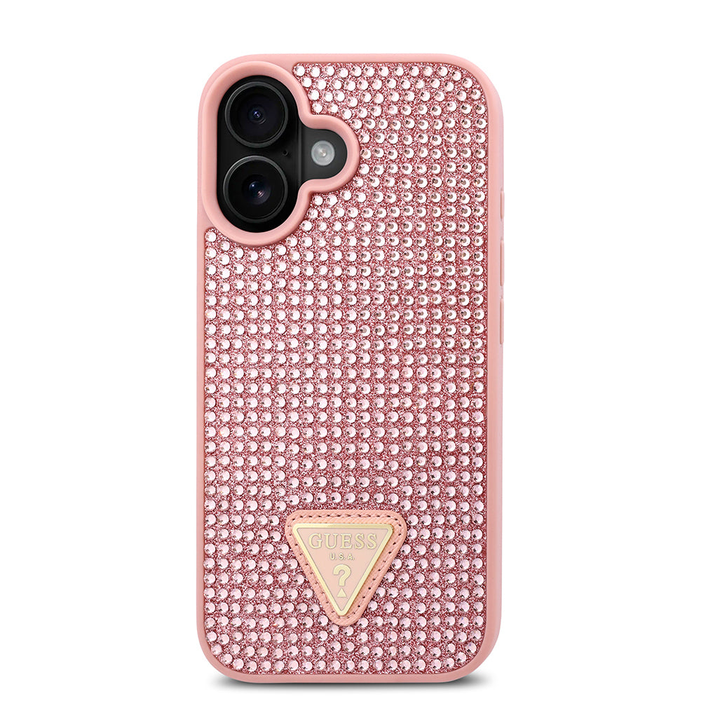 Apple iPhone 16 Case Guess Original Licensed Stone Back Surface Triangle Logo Cover Pink
