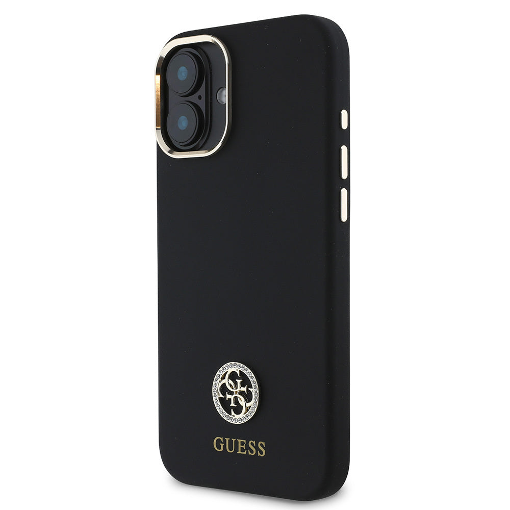 Apple iPhone 16 Kılıf Guess Orjinal Lisanslı Yazı ve Taşlı 4G Logolu Metal Kamera Çerçeveli Silikon Kapak Siyah
