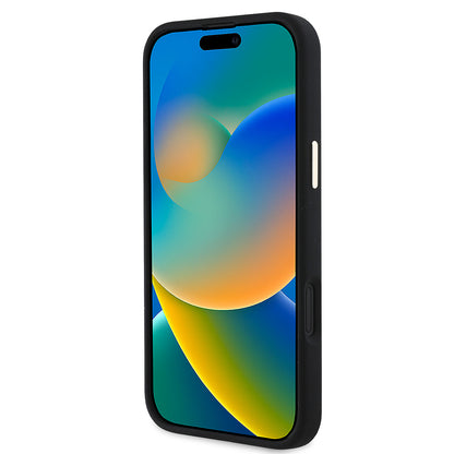 Apple iPhone 16 Kılıf Guess Orjinal Lisanslı Yazı ve Taşlı 4G Logolu Metal Kamera Çerçeveli Silikon Kapak Siyah
