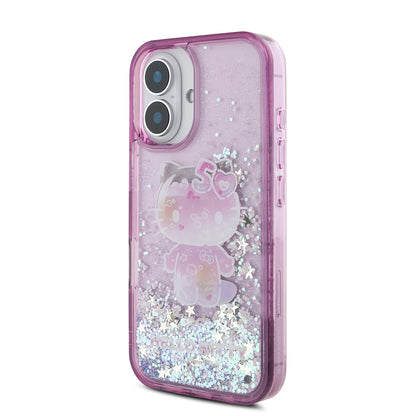 Apple iPhone 16 Kılıf Hello Kitty Orjinal Lisanslı Sıvılı Simli 50. Yıldönümü Partisi Kapak Mor