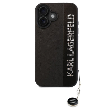 Apple iPhone 16 Kılıf Karl Lagerfeld Orjinal Lisanslı Anahtarlıklı Taşlı KL Yazılı Saffiano Rhinestones Kapak Pembe