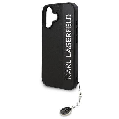 Apple iPhone 16 Kılıf Karl Lagerfeld Orjinal Lisanslı Anahtarlıklı Taşlı KL Yazılı Saffiano Rhinestones Kapak Pembe