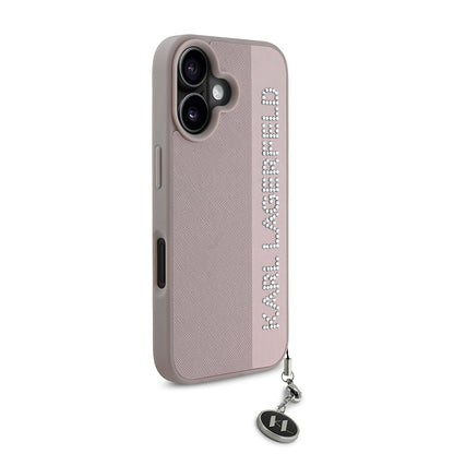 Apple iPhone 16 Kılıf Karl Lagerfeld Orjinal Lisanslı Anahtarlıklı Taşlı KL Yazılı Saffiano Rhinestones Kapak Siyah