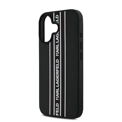 Apple iPhone 16 Kılıf Karl Lagerfeld Orjinal Lisanslı Askılı Saffiano Athleisure Şerit Çizgili Kapak Siyah-Pembe