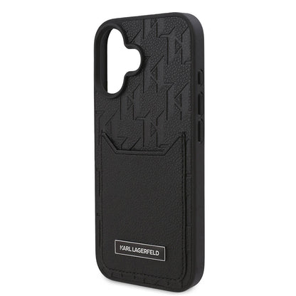 Apple iPhone 16 Kılıf Karl Lagerfeld Orjinal Lisanslı Kartlıklı Cardslot Monogram Kapak Siyah