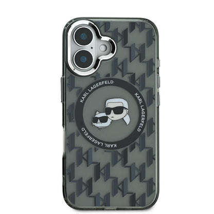 Apple iPhone 16 Kılıf Karl Lagerfeld Orjinal Lisanslı M-safe Şarj Özellikli IML Baskılı Metal Monogram KC Heads Kapak Siyah