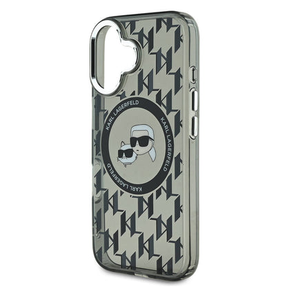 Apple iPhone 16 Kılıf Karl Lagerfeld Orjinal Lisanslı M-safe Şarj Özellikli IML Baskılı Metal Monogram KC Heads Kapak Siyah
