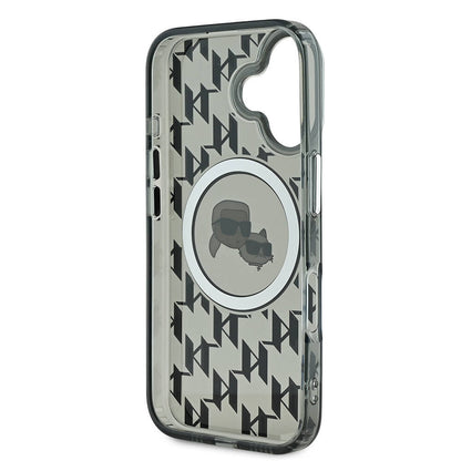 Apple iPhone 16 Kılıf Karl Lagerfeld Orjinal Lisanslı M-safe Şarj Özellikli IML Baskılı Metal Monogram KC Heads Kapak Siyah