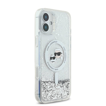 Apple iPhone 16 Kılıf Karl Lagerfeld Orjinal Lisanslı M-safe Şarj Özellikli Sıvılı Simli K&C Heads Kapak Şeffaf
