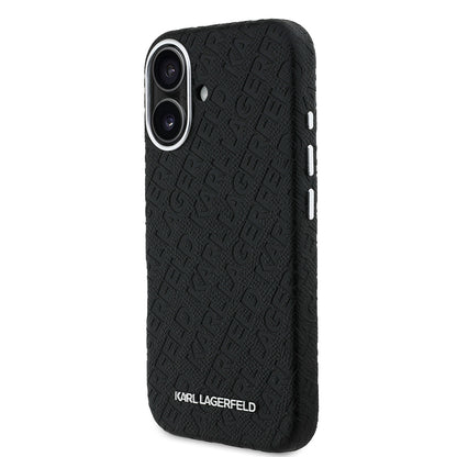 Apple iPhone 16 Kılıf Karl Lagerfeld Orjinal Lisanslı PU Deri Damgalı Metal Yazı Logolu Kapak Siyah