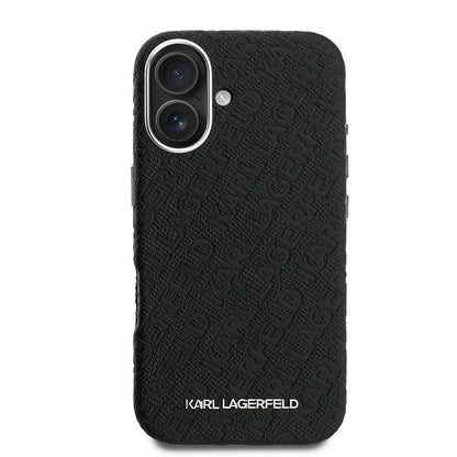 Apple iPhone 16 Kılıf Karl Lagerfeld Orjinal Lisanslı PU Deri Damgalı Metal Yazı Logolu Kapak Siyah
